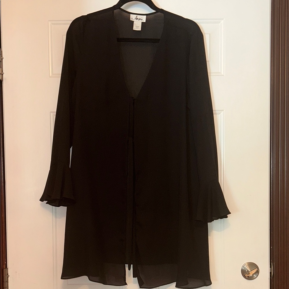 Josie Vintage Sheer Cover Up/Cardigan L Black Costal Tie Front Ruffle Sleeve